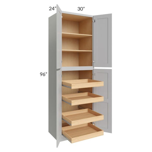 RTA Stone Shaker 30" x 96" x 24" Wall Pantry Cabinet with 4 Rollout Trays and 1 Decorative End Panel