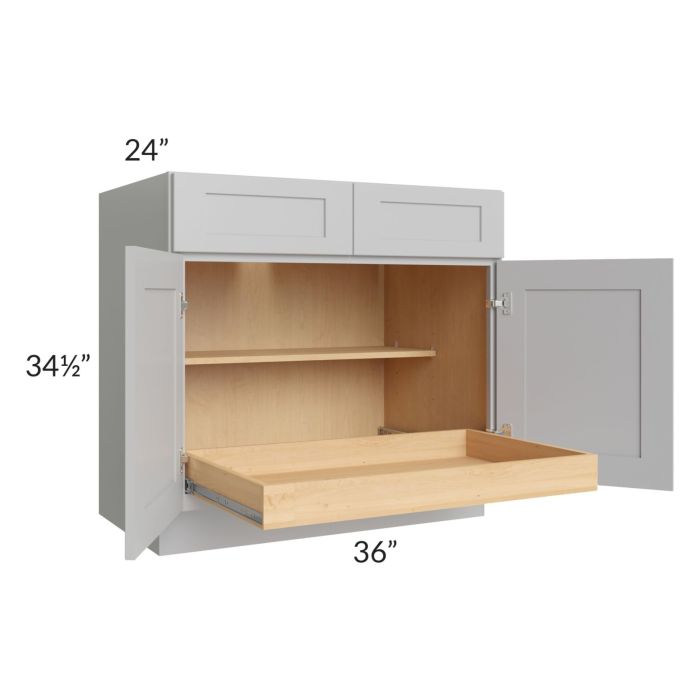 RTA Stone Shaker 36" Base Cabinet with 1 Rollout Tray and 1 Decorative End Panel