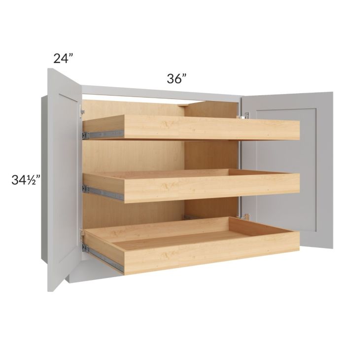 RTA Stone Shaker 36" Full Height Base Cabinet with 3 Rollout Trays and 2 Decorative End Panels