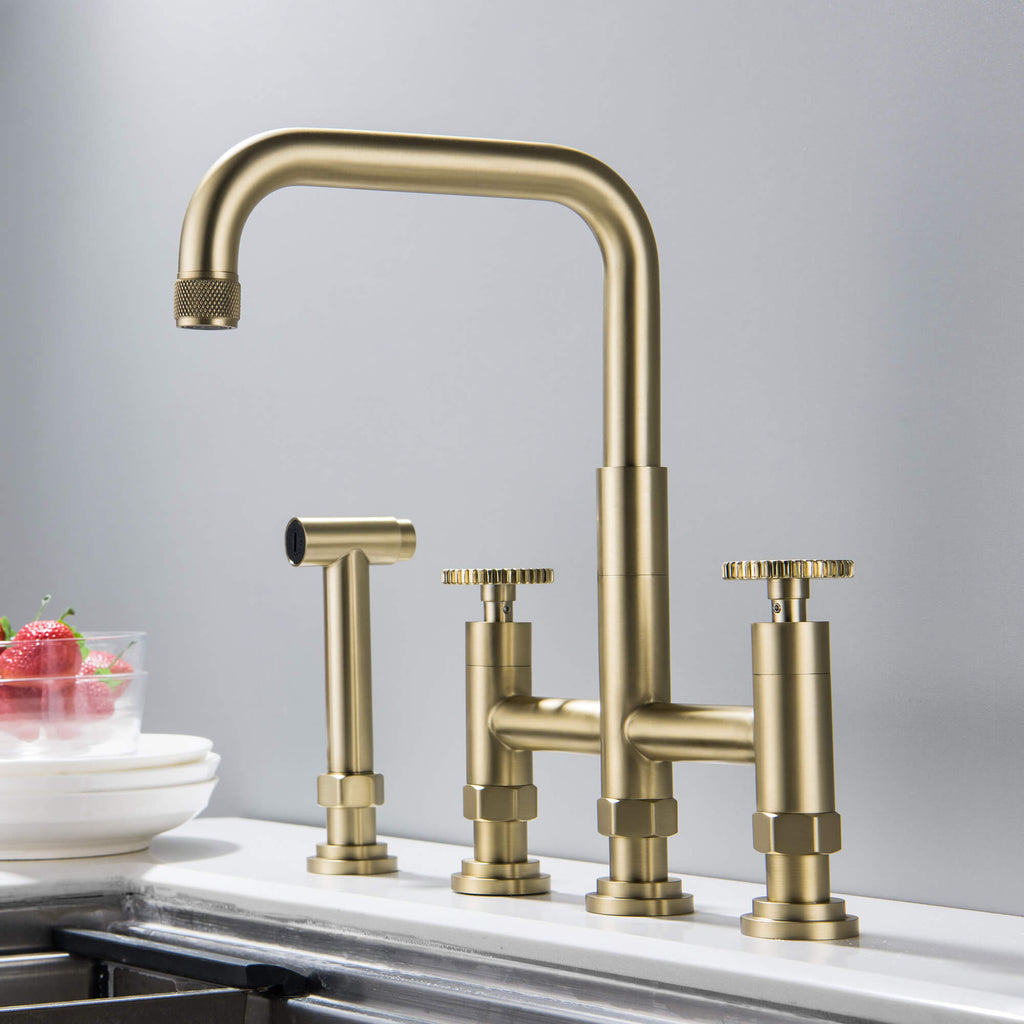 Rbrohant Brushed Gold Stainless Steel Two Handle High Arc Kitchen Faucet with Side Spray