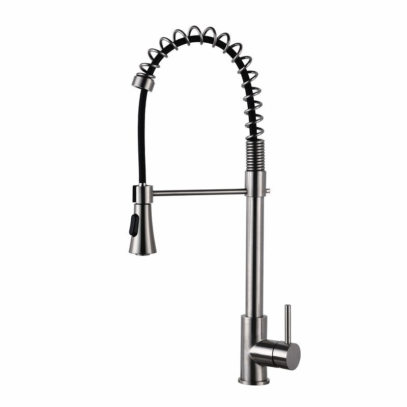 Renist D0674-BN Spring Pull Down Single Handle Brushed Nickel Kitchen Faucet with Deck Plate