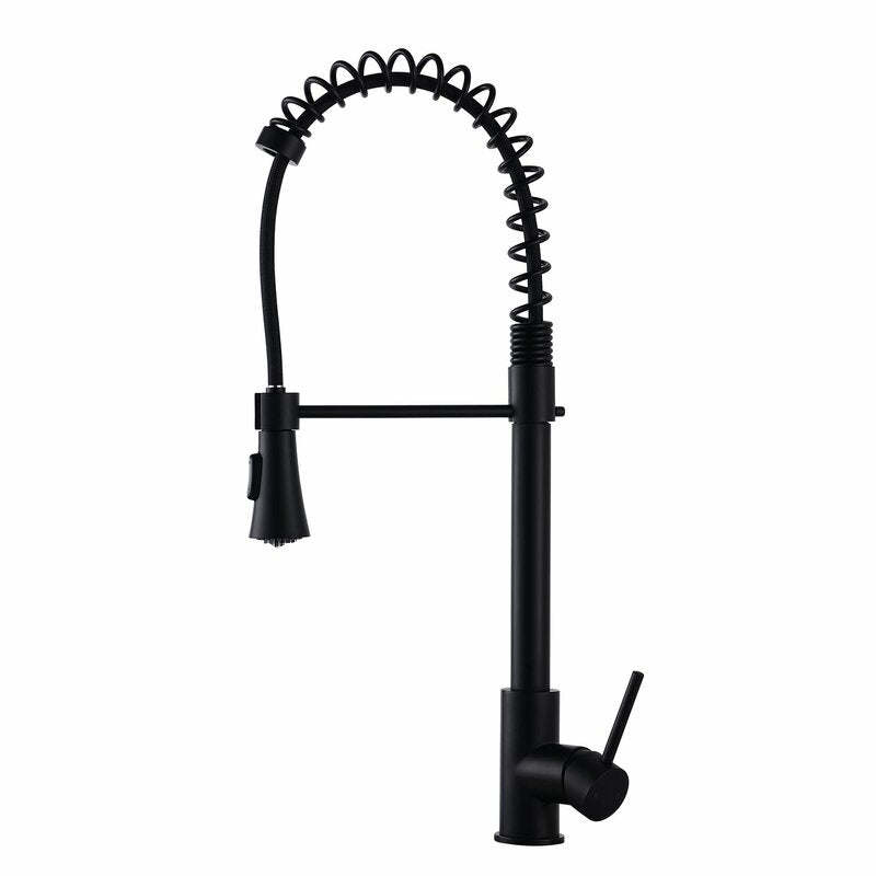 Renist D0674-MB Spring Pull Down Single Handle Matte Black Kitchen Faucet with Deck Plate