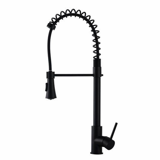 Renist D0674-MB Spring Pull Down Single Handle Matte Black Kitchen Faucet with Deck Plate