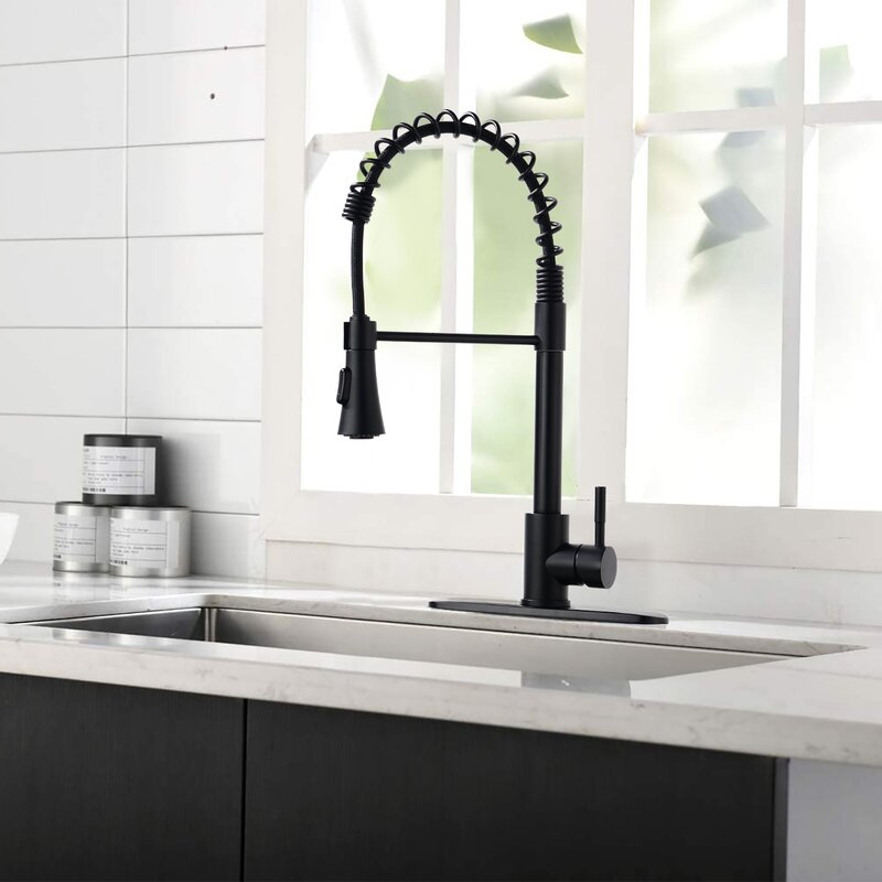 Renist D0675-MB Pull Down Touch Single Handle Matte Black Kitchen Faucet with Deck Plate