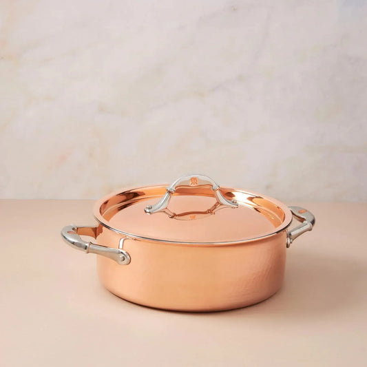 Ruffoni Symphoria Cupra 10" 4-Quart Hammered Copper Braiser With Copper-Clad Lid and Riveted Stainless Steel Handle Inlaid With Signature Copper Coin