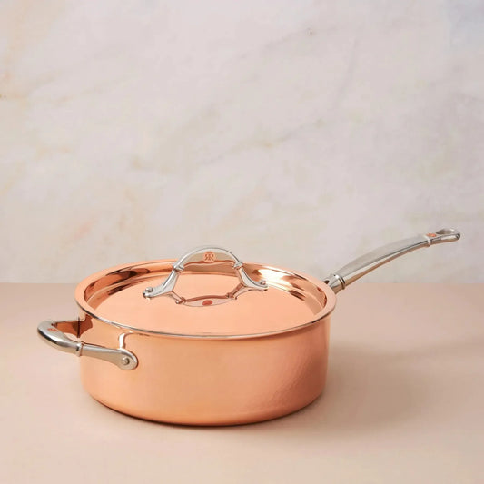 Ruffoni Symphoria Cupra 10" 4-Quart Hammered Copper Saute Pan With Copper-Clad Lid and Riveted Stainless Steel Handle Inlaid With Signature Copper Coin