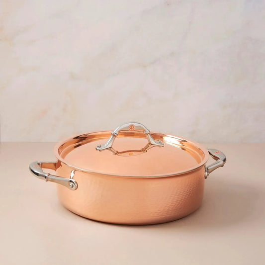 Ruffoni Symphoria Cupra 10" 5-Quart Hammered Copper Braiser With Copper-Clad Lid and Riveted Stainless Steel Handle Inlaid With Signature Copper Coin