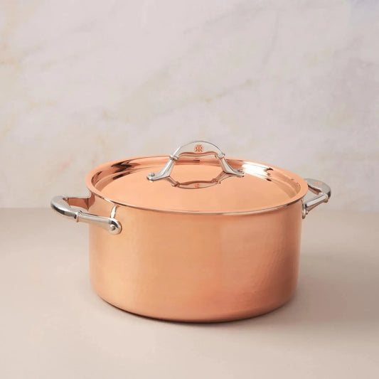 Ruffoni Symphoria Cupra 10" 8-Quart Hammered Copper Stock Pot With Copper-Clad Lid and Riveted Stainless Steel Handle Inlaid With Signature Copper Coin
