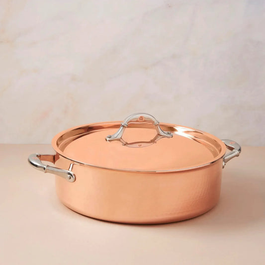 Ruffoni Symphoria Cupra 12" 7-Quart Hammered Copper Braiser With Copper-Clad Lid and Riveted Stainless Steel Handle Inlaid With Signature Copper Coin