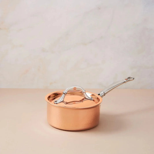 Ruffoni Symphoria Cupra 6" 2-Quart Hammered Copper Saucepan With Copper-Clad Lid and Riveted Stainless Steel Handle Inlaid With Signature Copper Coin