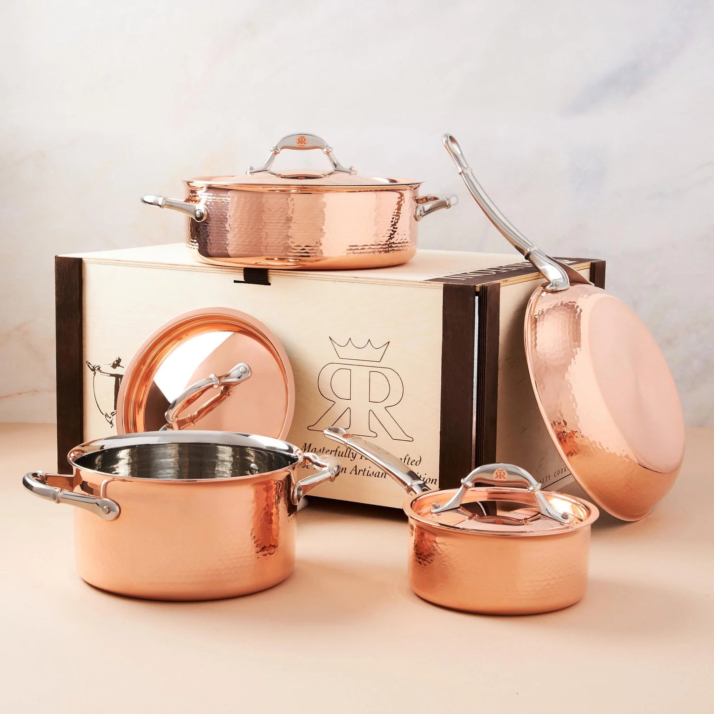 Ruffoni Symphoria Cupra 7-Piece Hammered Copper Cookware Set With Copper-Clad Lid and Riveted Stainless Steel Handle Inlaid With Signature Copper Coin