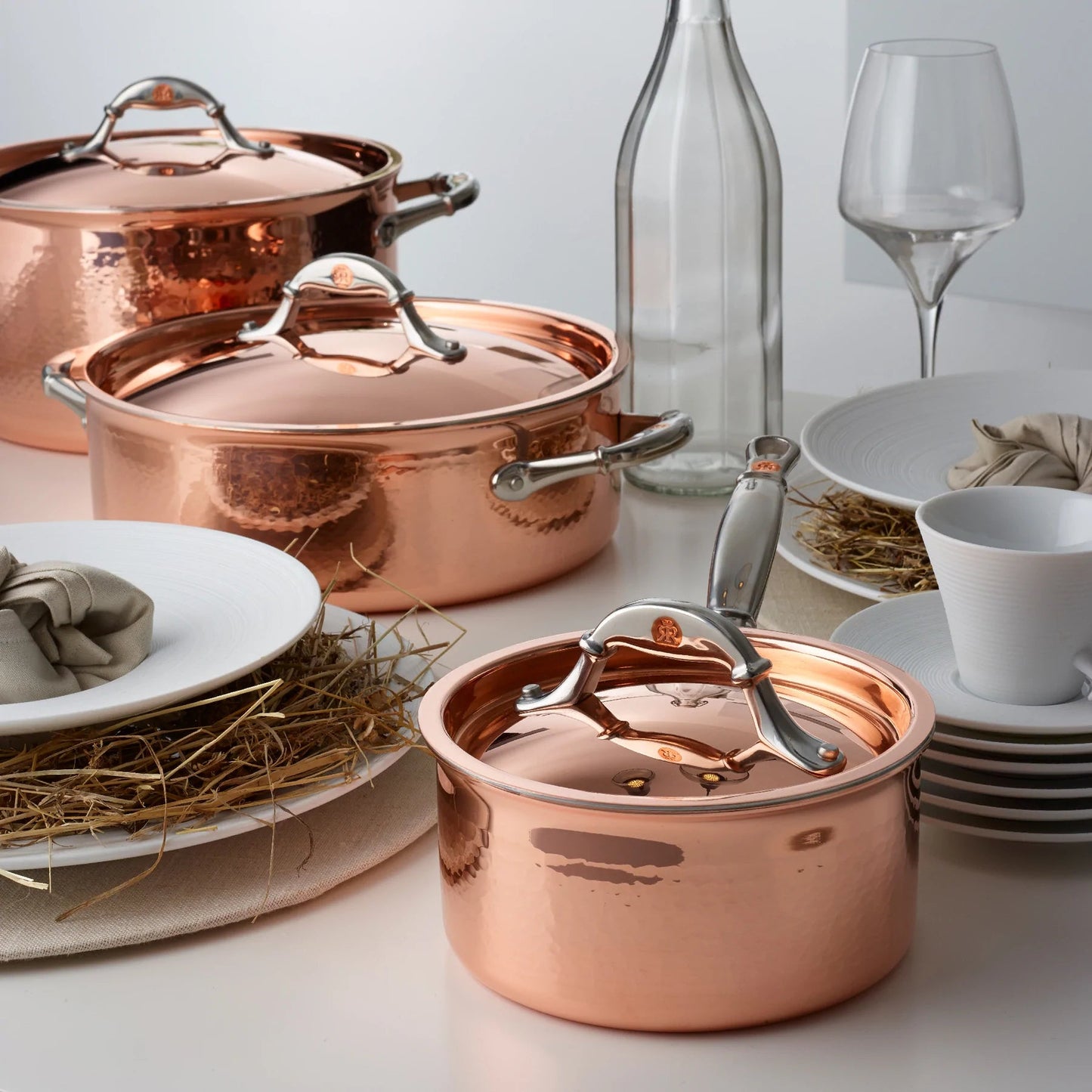 Ruffoni Symphoria Cupra 7-Piece Hammered Copper Cookware Set With Copper-Clad Lid and Riveted Stainless Steel Handle Inlaid With Signature Copper Coin