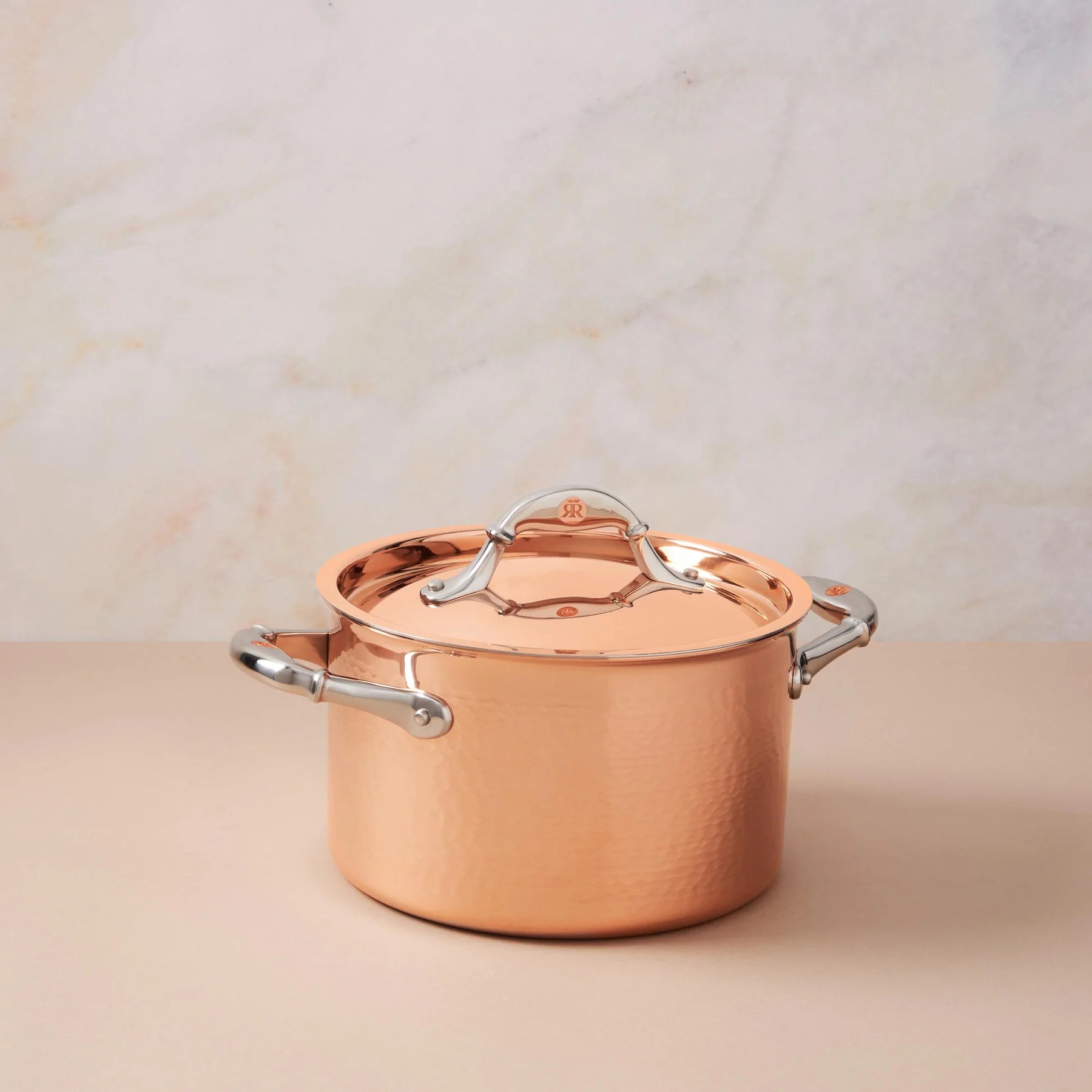 Ruffoni Symphoria Cupra 7-Piece Hammered Copper Cookware Set With Copper-Clad Lid and Riveted Stainless Steel Handle Inlaid With Signature Copper Coin