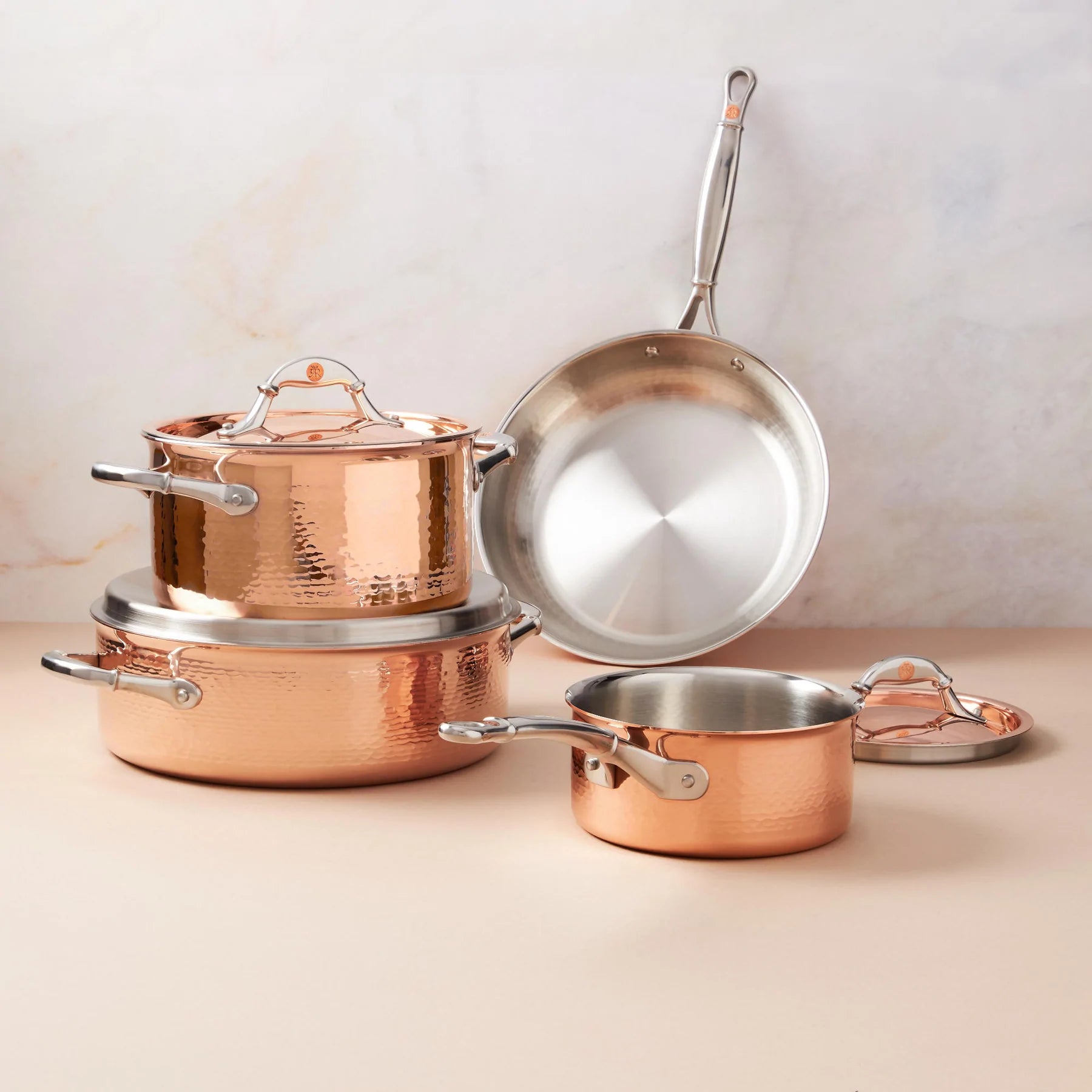 Ruffoni Symphoria Cupra 7-Piece Hammered Copper Cookware Set With Copper-Clad Lid and Riveted Stainless Steel Handle Inlaid With Signature Copper Coin