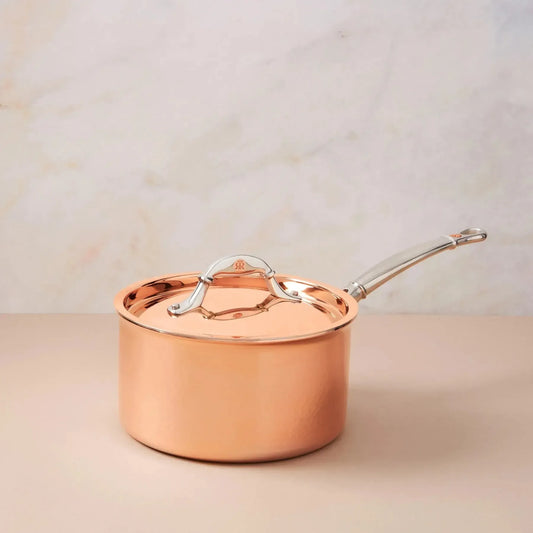 Ruffoni Symphoria Cupra 8" 4-Quart Hammered Copper Saucepan With Copper-Clad Lid and Riveted Stainless Steel Handle Inlaid With Signature Copper Coin