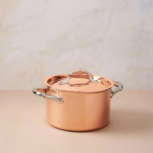 Ruffoni Symphoria Cupra 8" 4-Quart Hammered Copper Soup Pot With Copper-Clad Lid and Riveted Stainless Steel Handle Inlaid With Signature Copper Coin