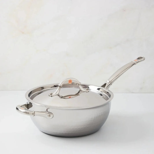Ruffoni Symphoria Prima 10" 4-Quart Hammered Clad Stainless Steel Chef Pan With Riveted Stainless Steel Lid and Handle Inlaid With Signature Copper Coin