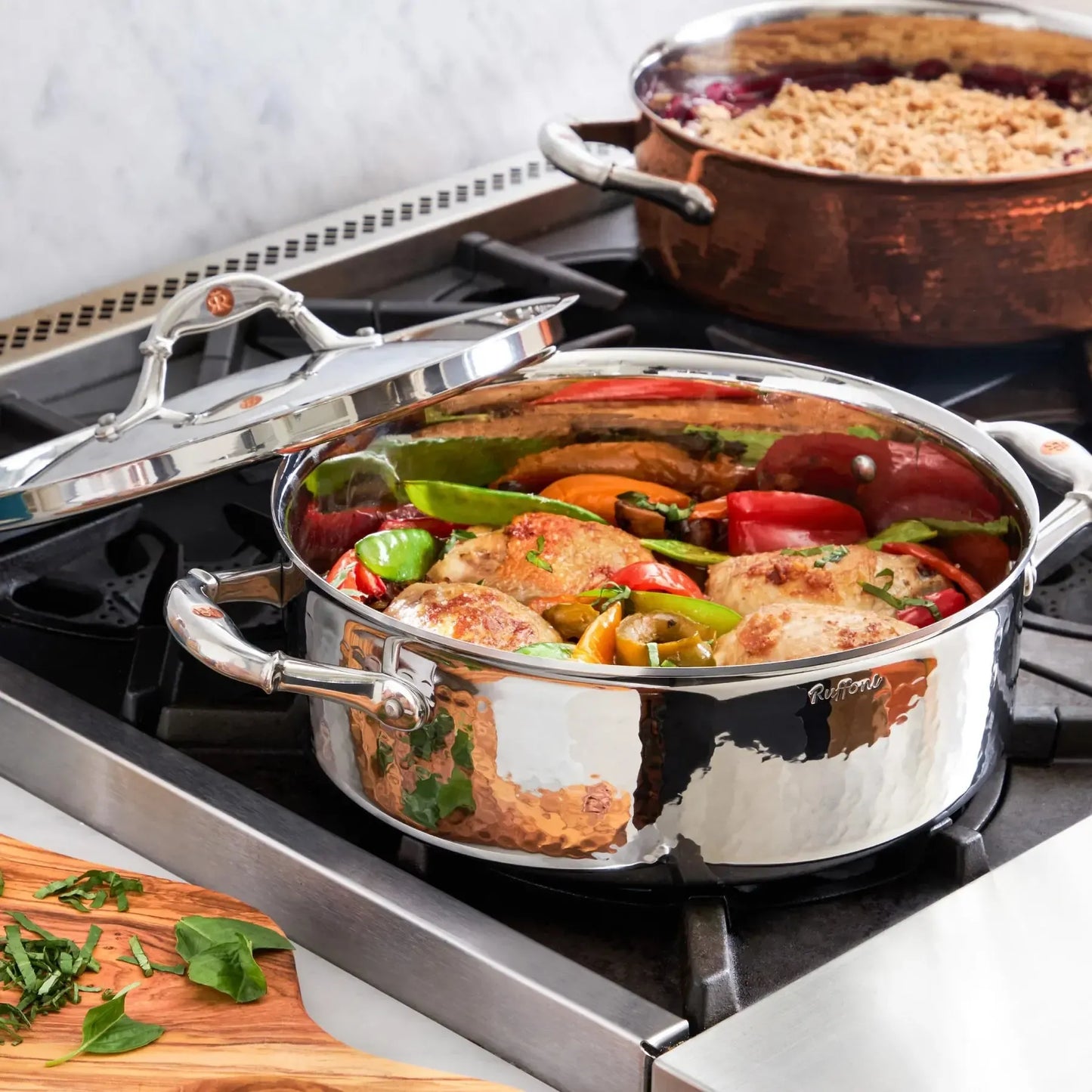 Ruffoni Symphoria Prima 10" 5-Quart Hammered Clad Stainless Steel Braiser With Riveted Stainless Steel Lid and Handle Inlaid With Signature Copper Coin
