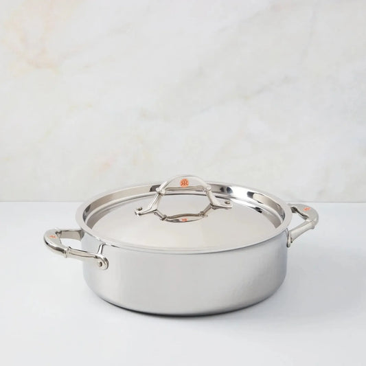 Ruffoni Symphoria Prima 10" 5-Quart Hammered Clad Stainless Steel Braiser With Riveted Stainless Steel Lid and Handle Inlaid With Signature Copper Coin
