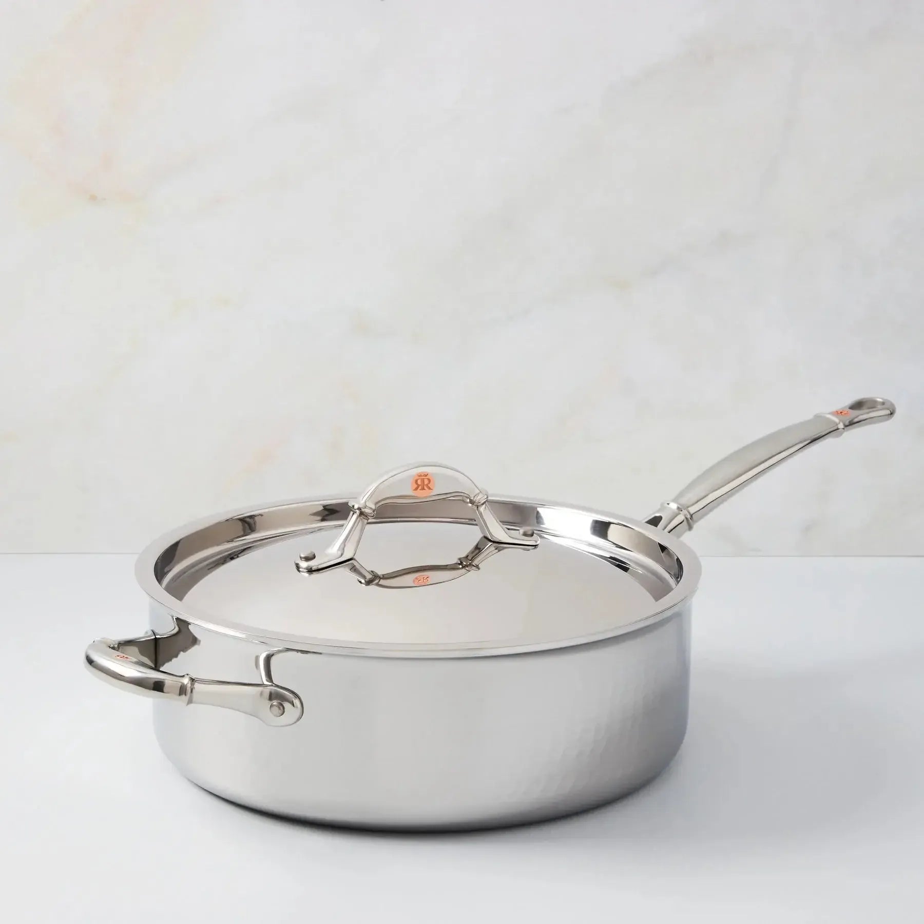 Ruffoni Symphoria Prima 10" 5-Quart Hammered Clad Stainless Steel Saute Pan With Riveted Stainless Steel Lid and Handle Inlaid With Signature Copper Coin