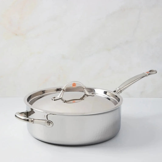Ruffoni Symphoria Prima 10" 5-Quart Hammered Clad Stainless Steel Saute Pan With Riveted Stainless Steel Lid and Handle Inlaid With Signature Copper Coin