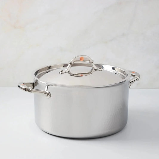 Ruffoni Symphoria Prima 10" 8-Quart Hammered Clad Stainless Steel Stock Pot With Riveted Stainless Steel Lid and Handle Inlaid With Signature Copper Coin