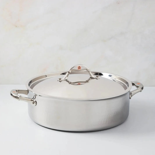 Ruffoni Symphoria Prima 12" 7-Quart Hammered Clad Stainless Steel Braiser With Riveted Stainless Steel Lid and Handle Inlaid With Signature Copper Coin