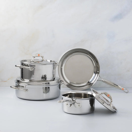 Ruffoni Symphoria Prima 7-Piece Hammered Clad Stainless Steel Cookware Set With Riveted Stainless Steel Lid and Handle Inlaid With Signature Copper Coin