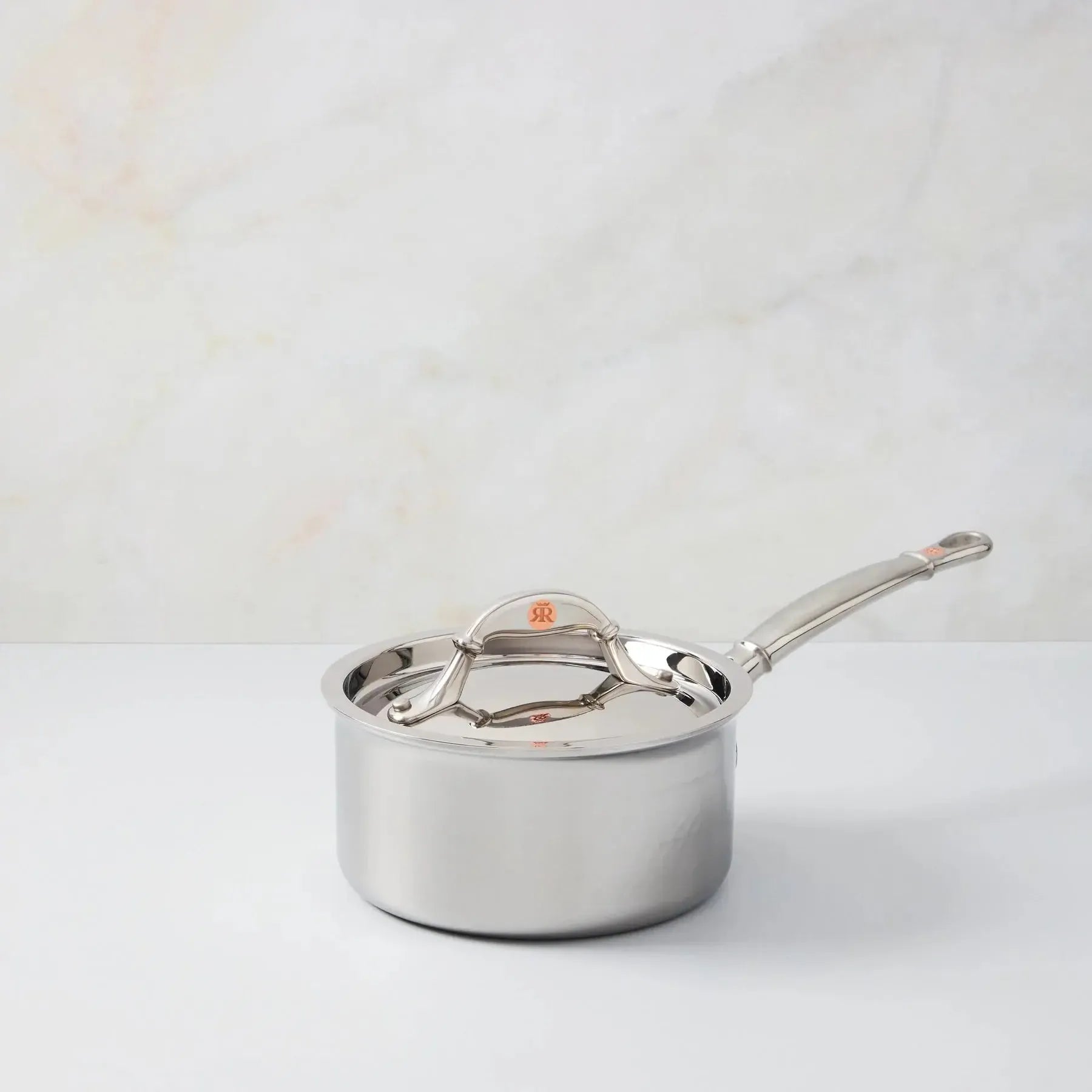 Ruffoni Symphoria Prima 8" 4-Quart Hammered Clad Stainless Steel Saucepan With Riveted Stainless Steel Lid and Handle Inlaid With Signature Copper Coin