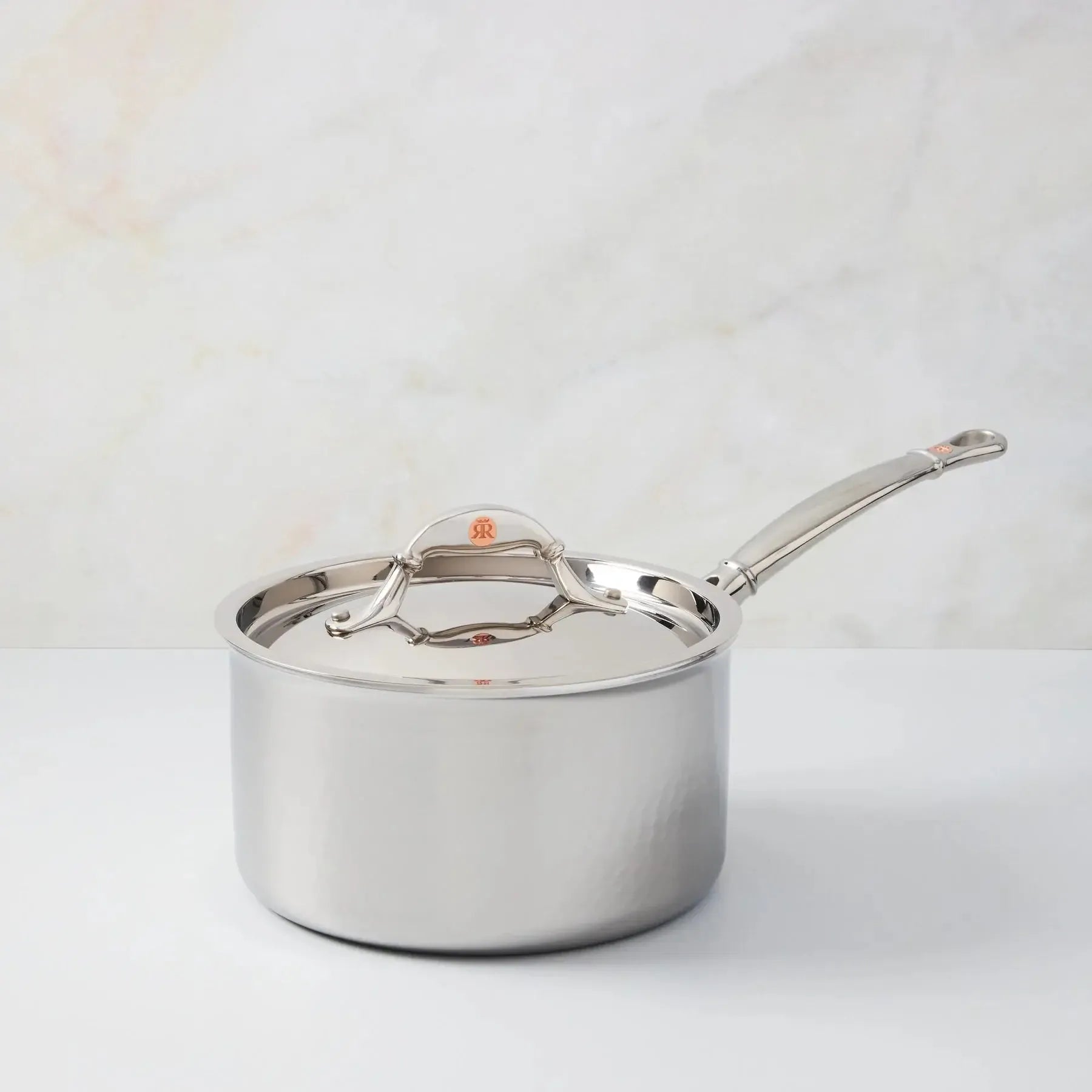 Ruffoni Symphoria Prima 8" 4-Quart Hammered Clad Stainless Steel Saucepan With Riveted Stainless Steel Lid and Handle Inlaid With Signature Copper Coin
