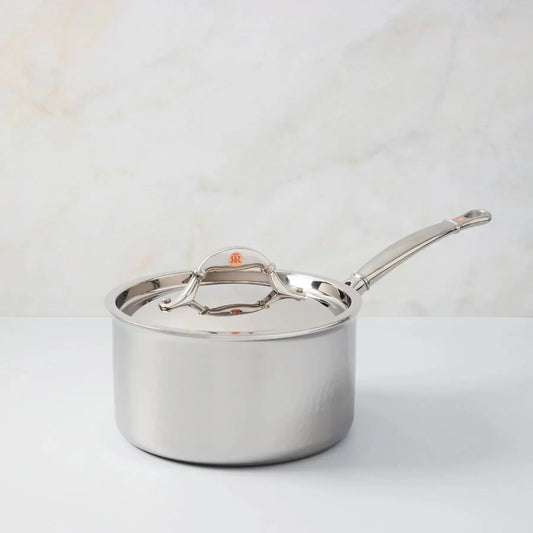 Ruffoni Symphoria Prima 8" 4-Quart Hammered Clad Stainless Steel Saucepan With Riveted Stainless Steel Lid and Handle Inlaid With Signature Copper Coin
