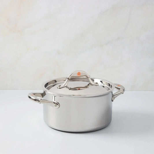 Ruffoni Symphoria Prima 8" 4-Quart Hammered Clad Stainless Steel Soup Pot With Riveted Stainless Steel Lid and Handle Inlaid With Signature Copper Coin