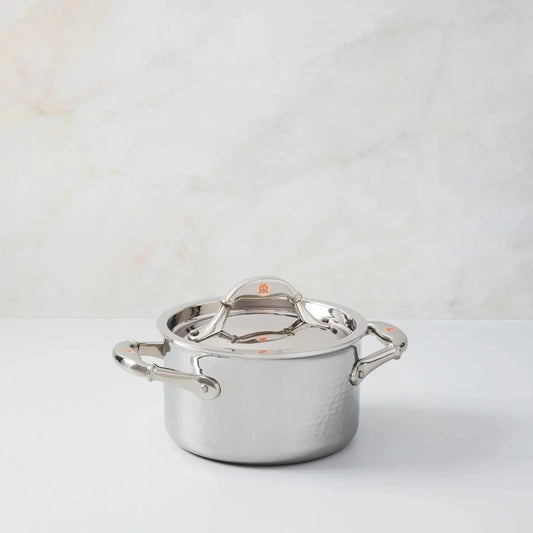 Ruffoni Symphoria Prima 99203 6" 2-Quart Hammered Clad Stainless Steel Saucepot With Riveted Stainless Steel Lid and Handle Inlaid With Signature Copper Coin