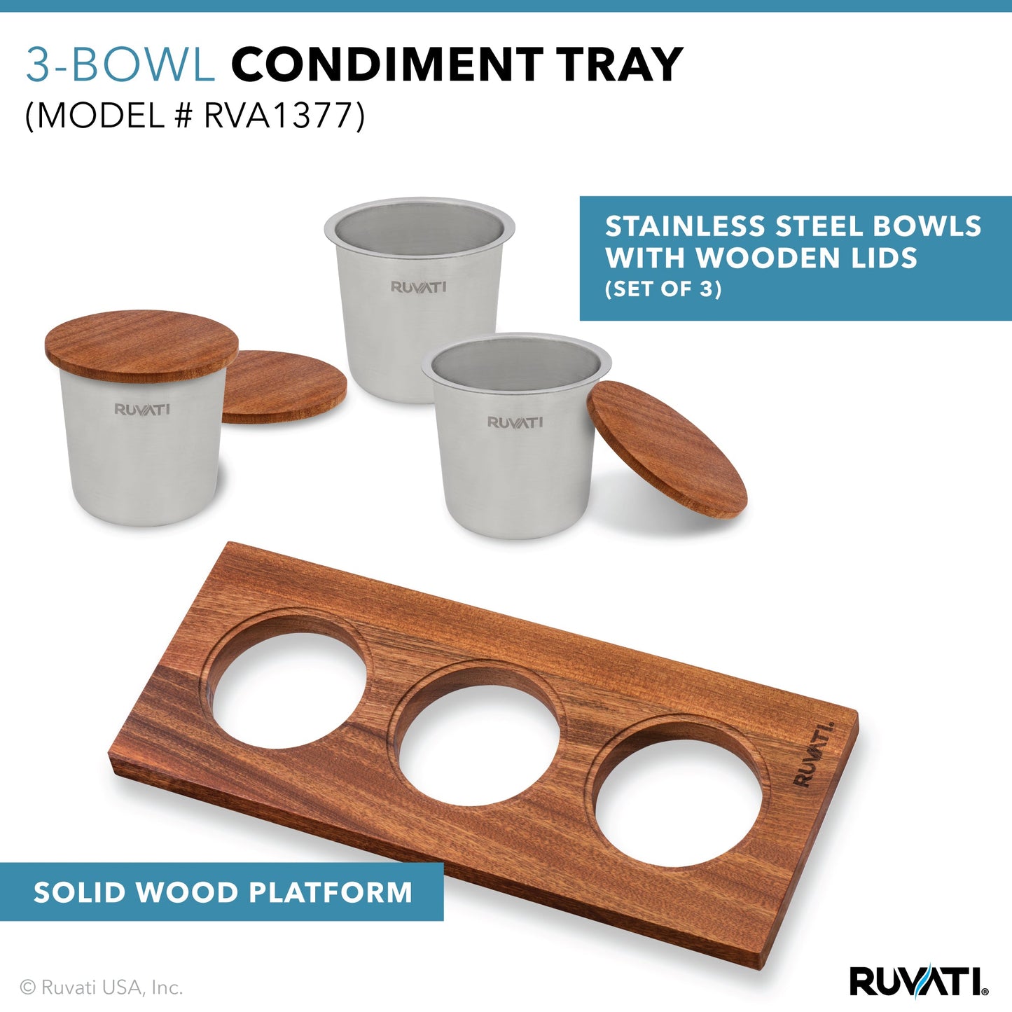 Ruvati 7" Three Wooden and Stainless Steel Condiment Bowl Tray Kitchen Sink for Workstation