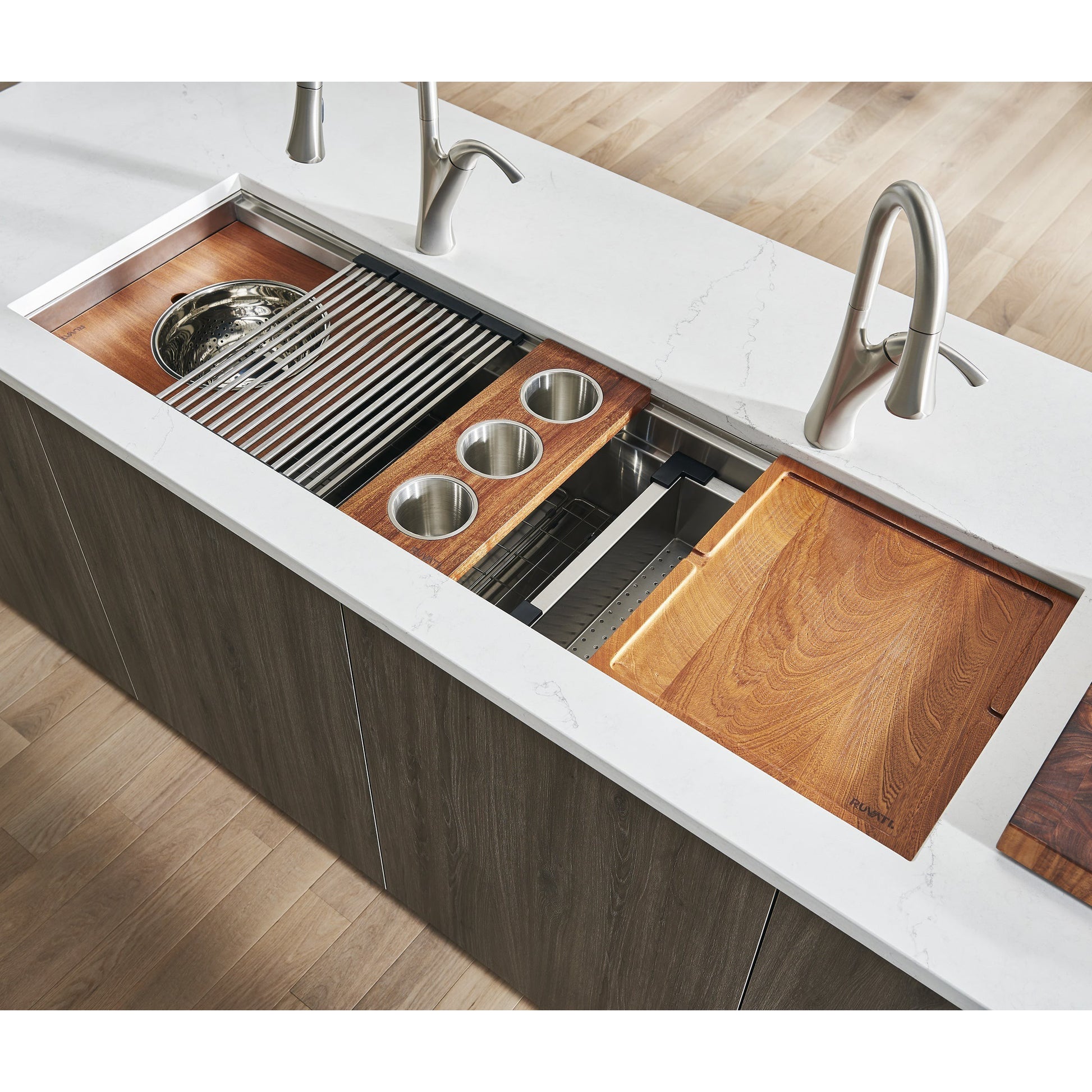 Ruvati Dual Tier 45” x 19" Undermount Stainless Steel Single Bowl Workstation Kitchen Sink With Bottom Rinse Grid and Drain Assembly