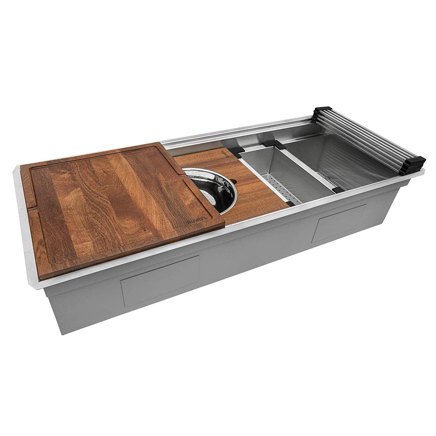 Ruvati Dual Tier 45” x 19" Undermount Stainless Steel Single Bowl Workstation Kitchen Sink With Bottom Rinse Grid and Drain Assembly