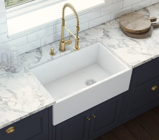 Ruvati Fiamma 30" White Offset Right-Drain Fireclay Farmhouse Kitchen Sink Single Bowl