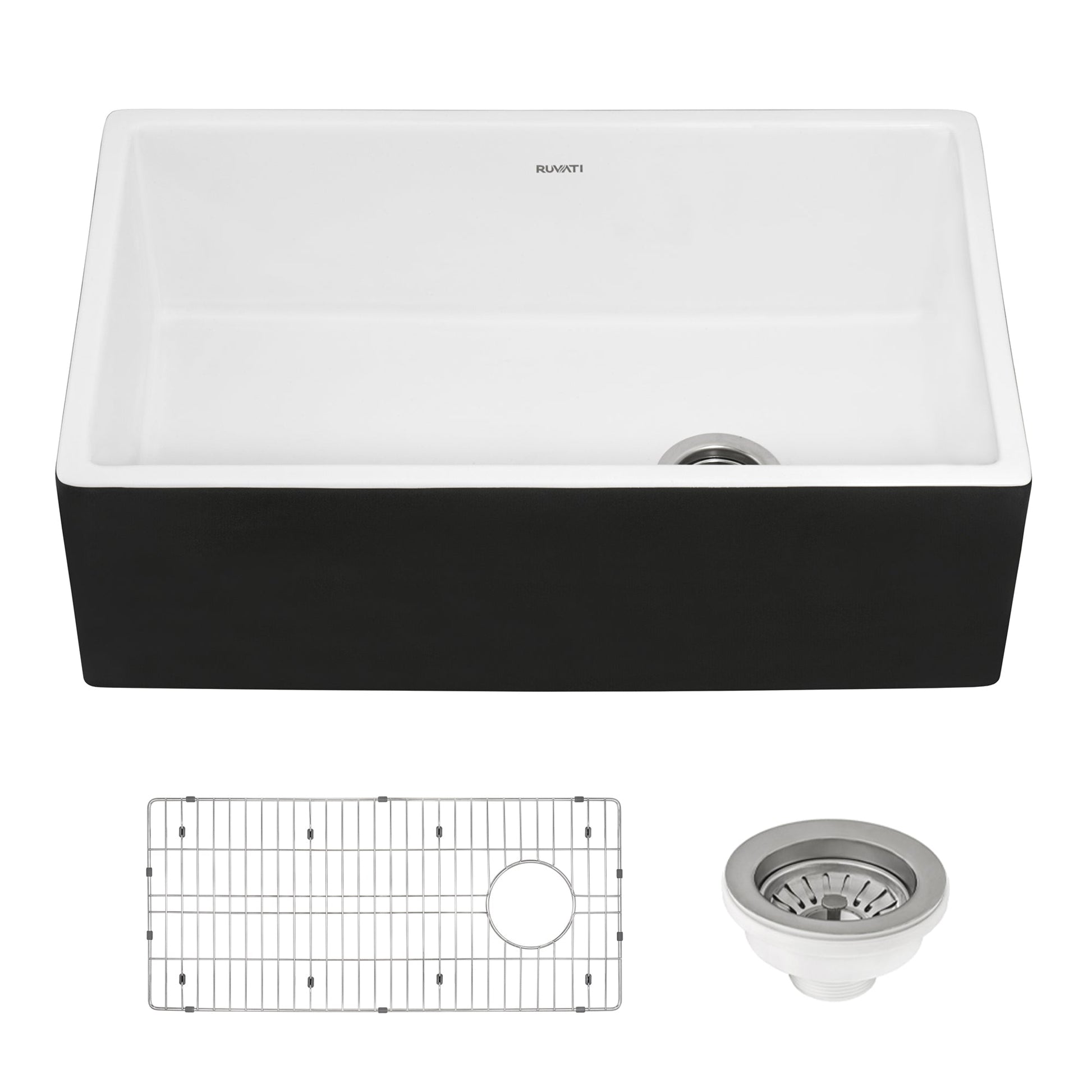 Ruvati Fiamma 30" x 18" Black and White Single Bowl Fireclay Farmhouse Apron-Front Kitchen Sink