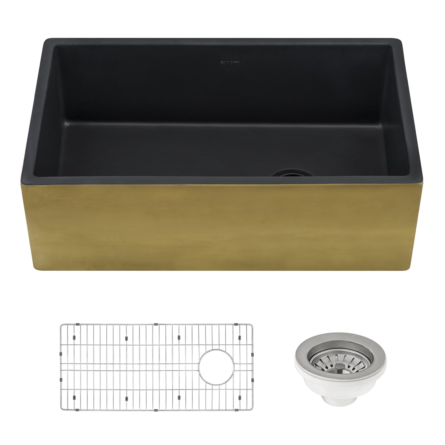 Ruvati Fiamma 30" x 18" Matte Black and Brushed Gold Single Bowl Fireclay Modern Farmhouse Apron-Front Kitchen Sink