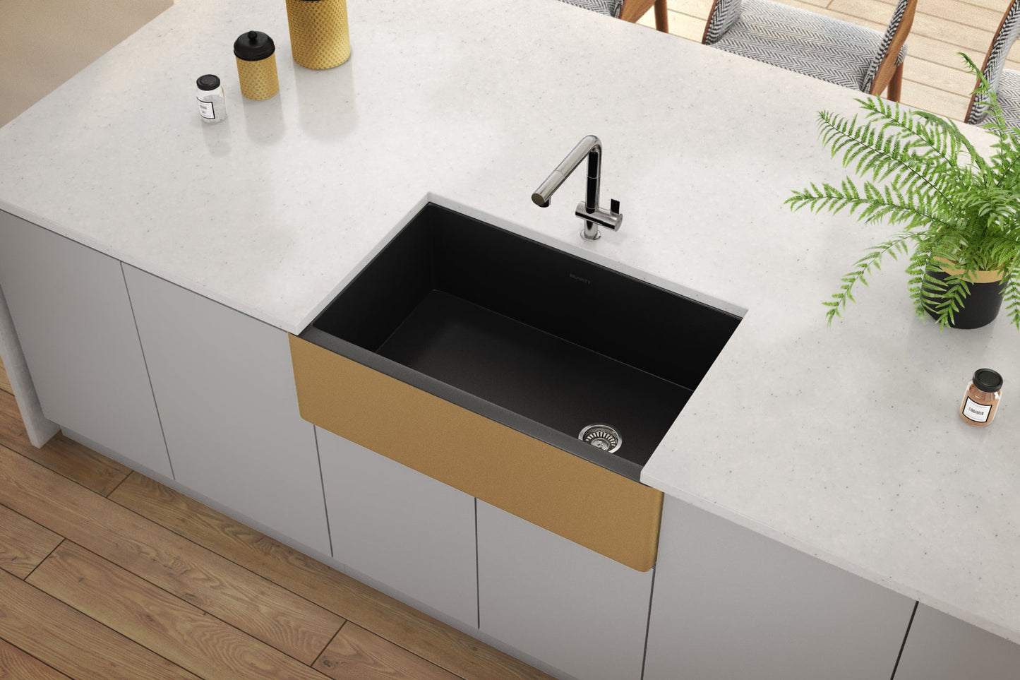 Ruvati Fiamma 30" x 18" Matte Black and Brushed Gold Single Bowl Fireclay Modern Farmhouse Apron-Front Kitchen Sink