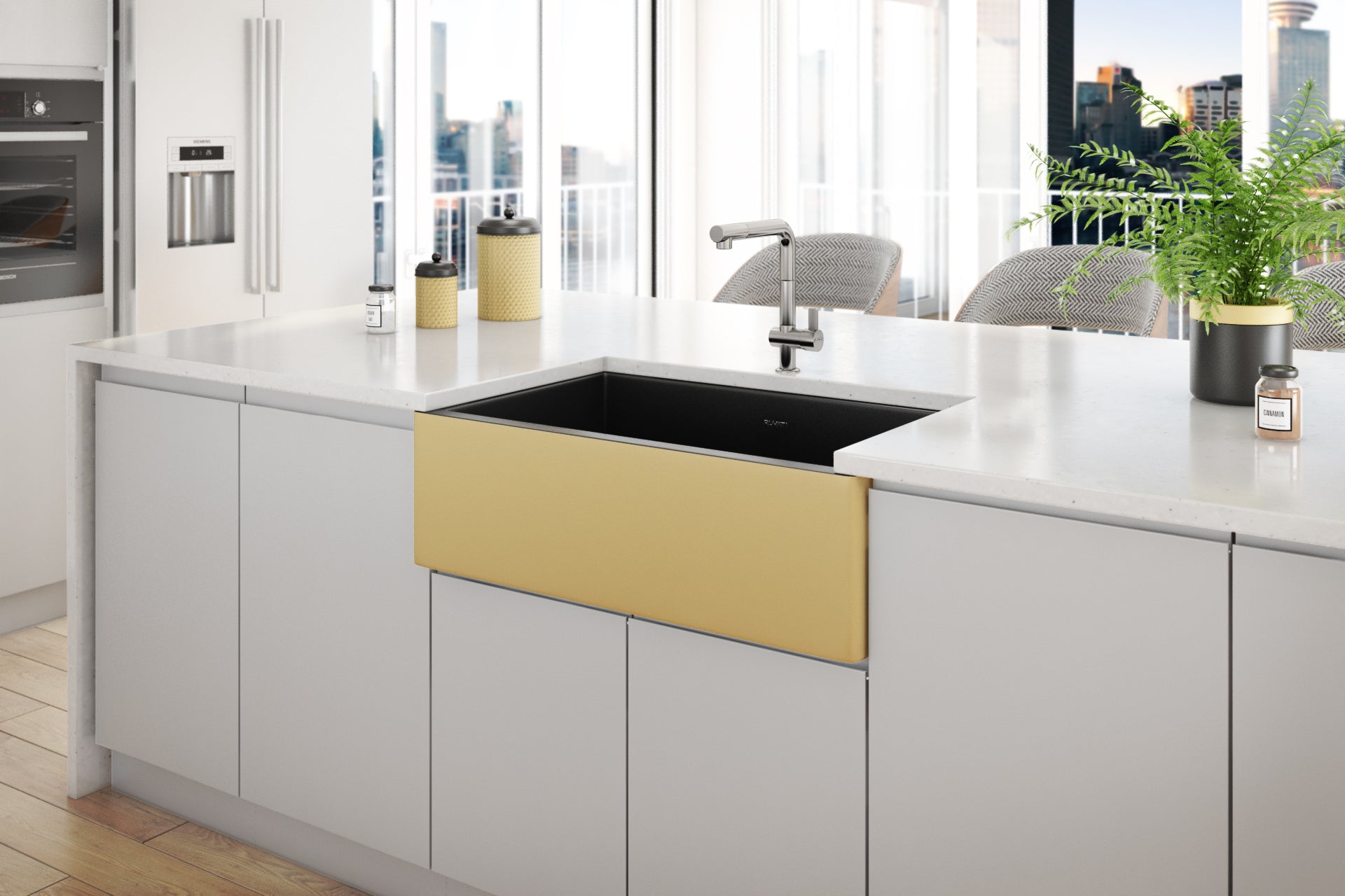 Ruvati Fiamma 30" x 18" Matte Black and Brushed Gold Single Bowl Fireclay Modern Farmhouse Apron-Front Kitchen Sink