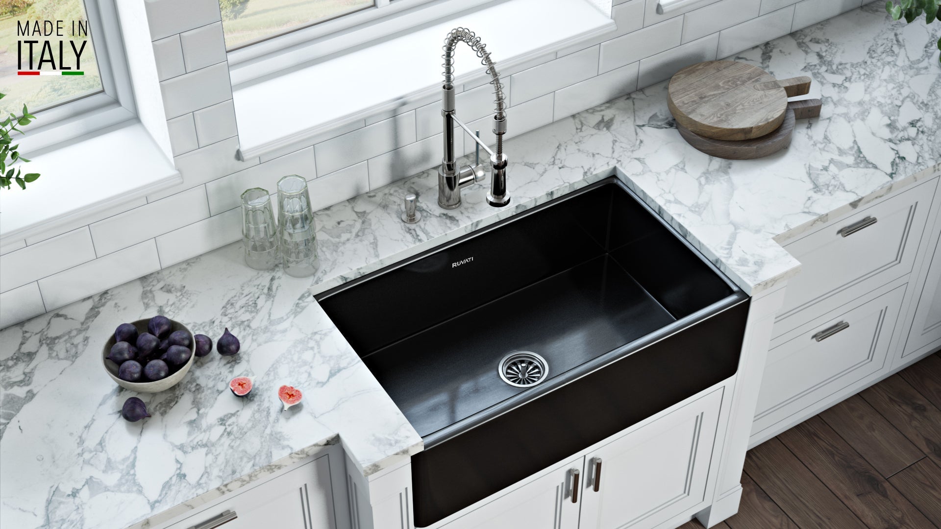 Ruvati Fiamma 30" x 20" Glossy Black Single Bowl Fireclay Reversible Farmhouse Apron-Front Kitchen Sink