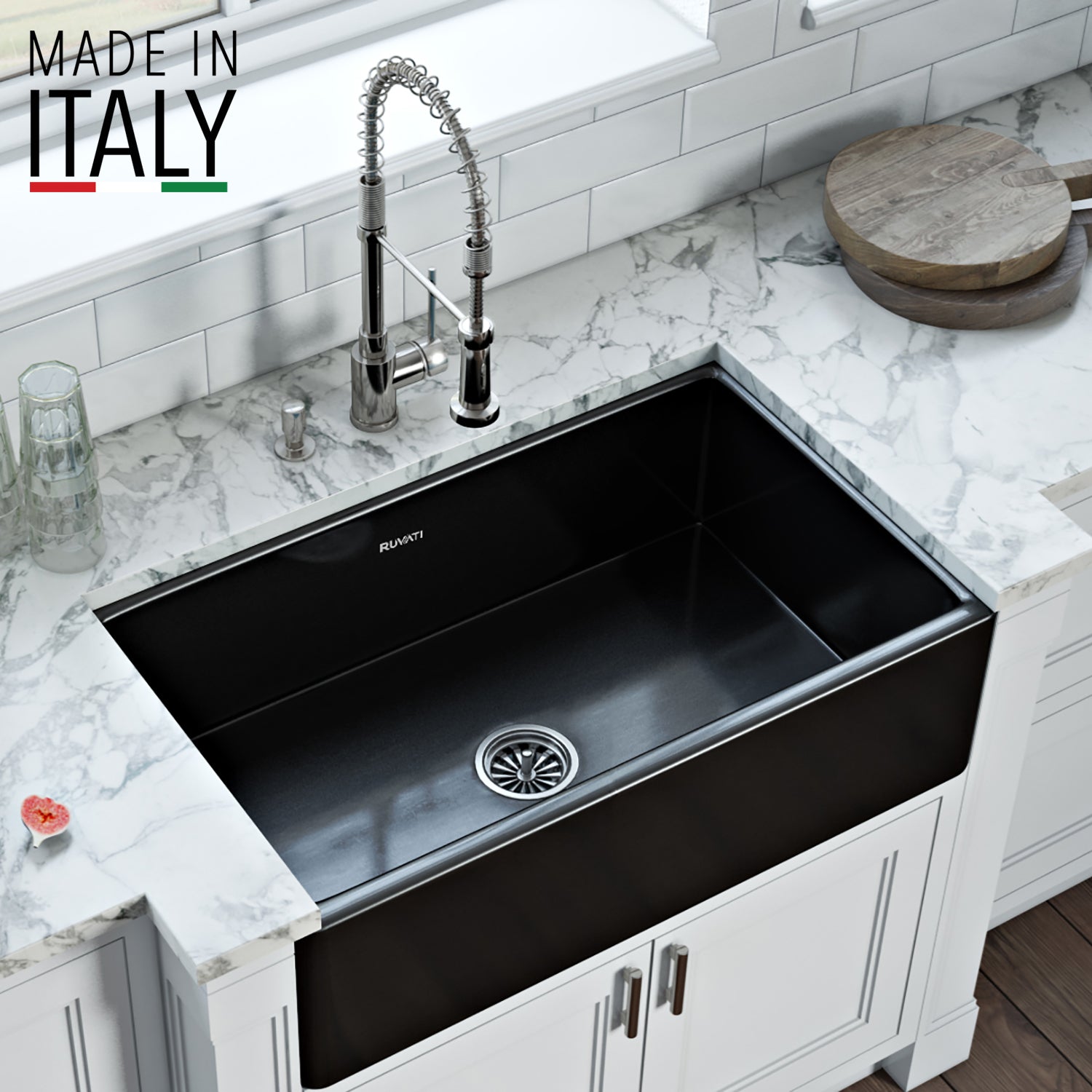 Ruvati Fiamma 30" x 20" Glossy Black Single Bowl Fireclay Reversible Farmhouse Apron-Front Kitchen Sink