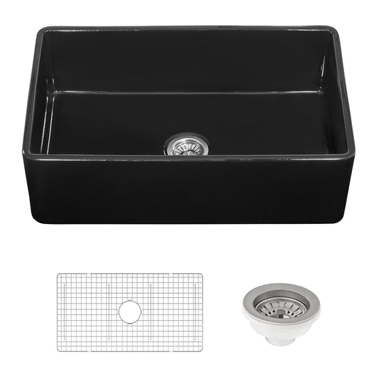 Ruvati Fiamma 30" x 20" Glossy Black Single Bowl Fireclay Reversible Farmhouse Apron-Front Kitchen Sink