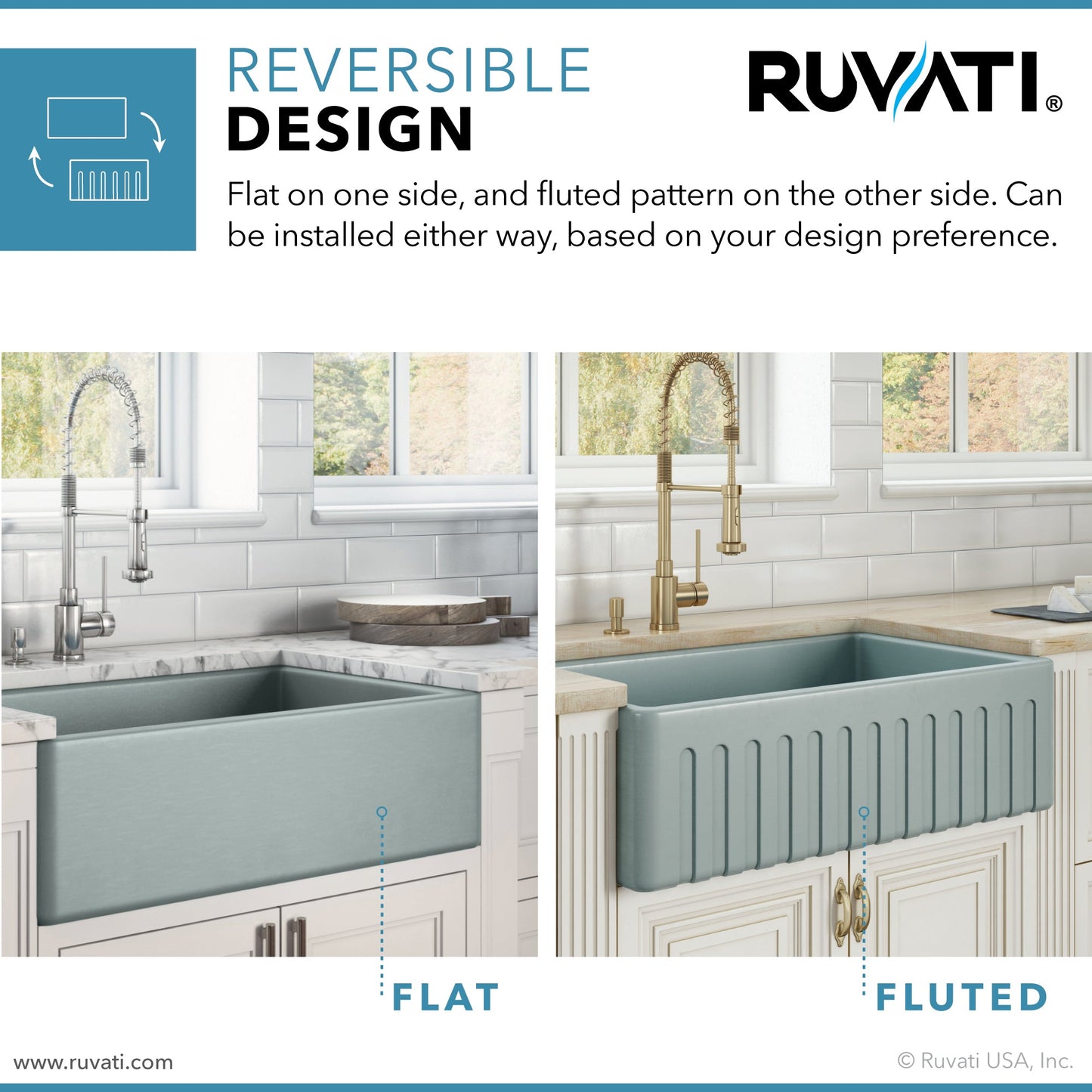 Ruvati Fiamma 30" x 20" Horizon Gray Single Bowl Fireclay Reversible Farmhouse Apron-Front Kitchen Sink