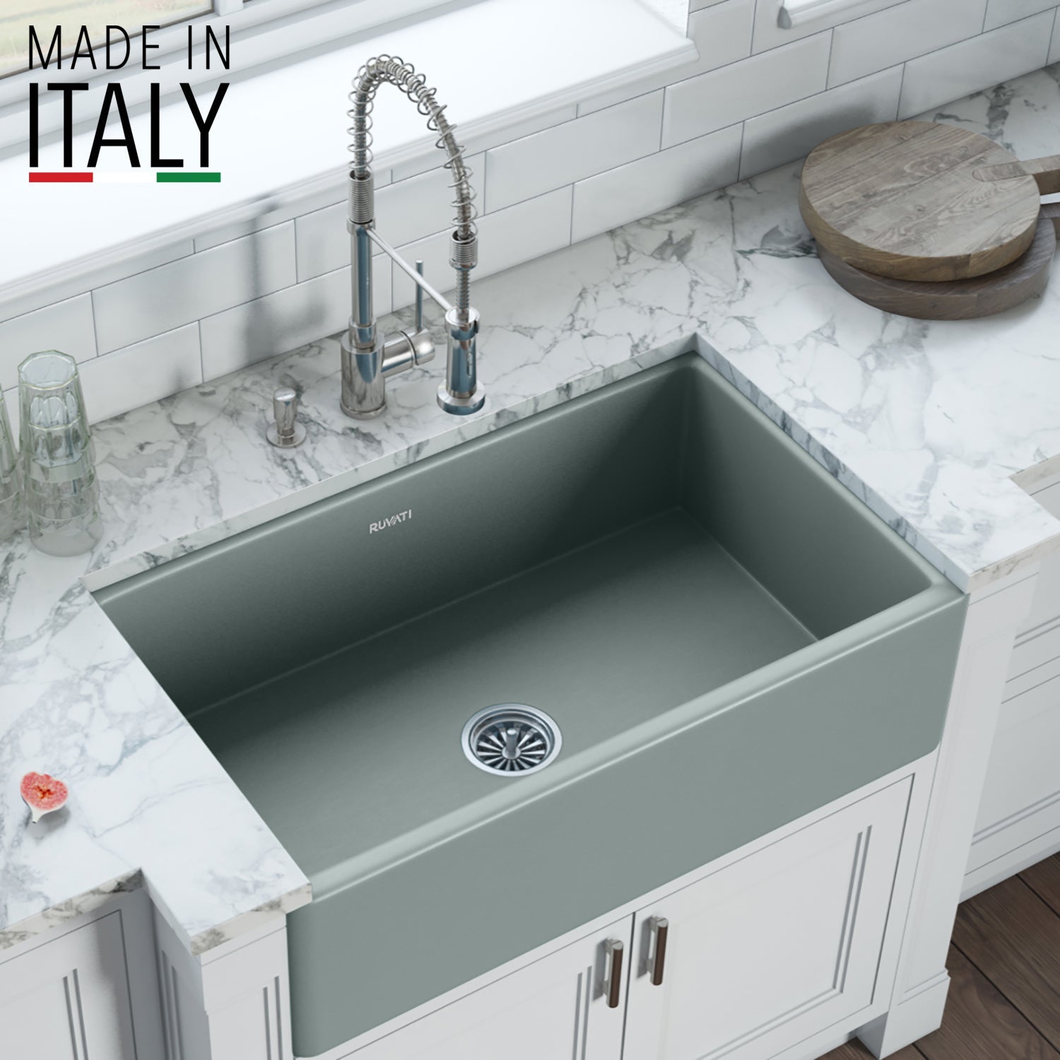 Ruvati Fiamma 30" x 20" Horizon Gray Single Bowl Fireclay Reversible Farmhouse Apron-Front Kitchen Sink