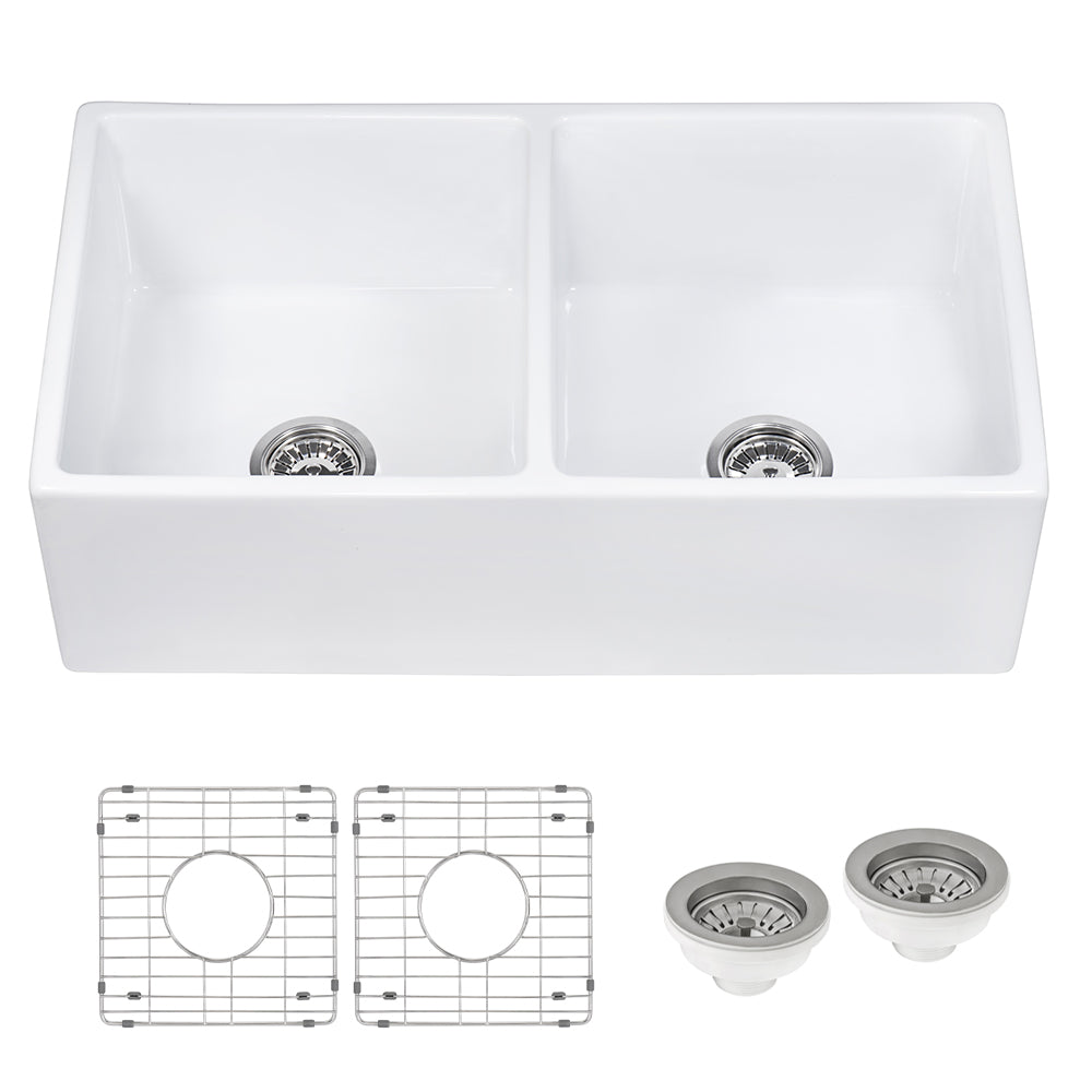 Ruvati Fiamma 33" x 18" White Double Bowl Fireclay Reversible Farmhouse Apron-Front Kitchen Sink