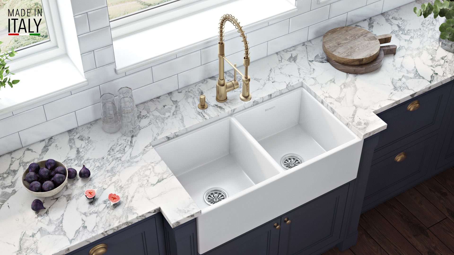 Ruvati Fiamma 33" x 18" White Double Bowl Fireclay Reversible Farmhouse Apron-Front Kitchen Sink