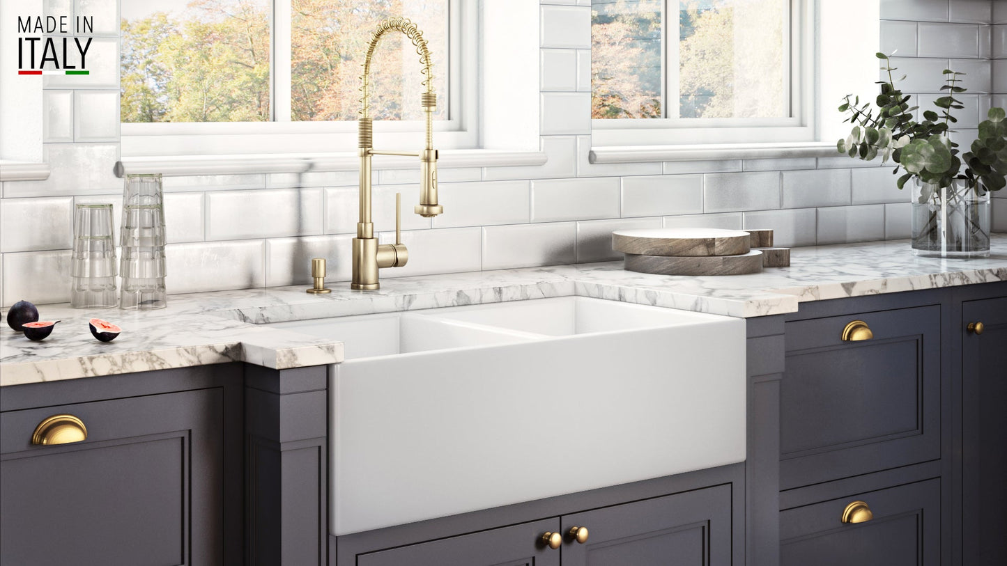 Ruvati Fiamma 33" x 18" White Double Bowl Fireclay Reversible Farmhouse Apron-Front Kitchen Sink