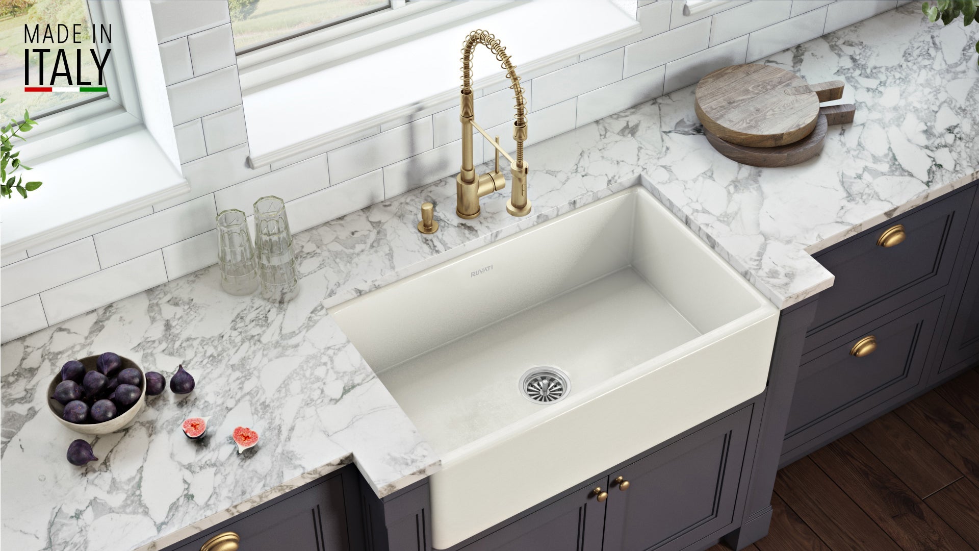 Ruvati Fiamma 33" x 20" Biscuit Single Bowl Fireclay Reversible Farmhouse Apron-Front Kitchen Sink